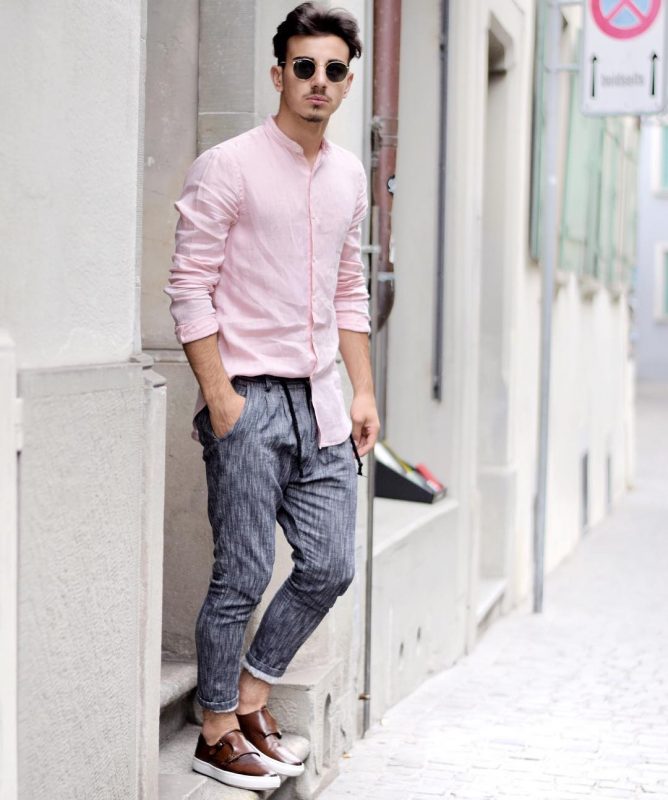 Pink mandarin collar shirt, gray print trousers, double monk strap sneaker 1