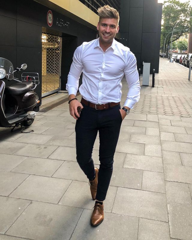 White shirt, black dress pants, brown belt, brown leather shoes 1