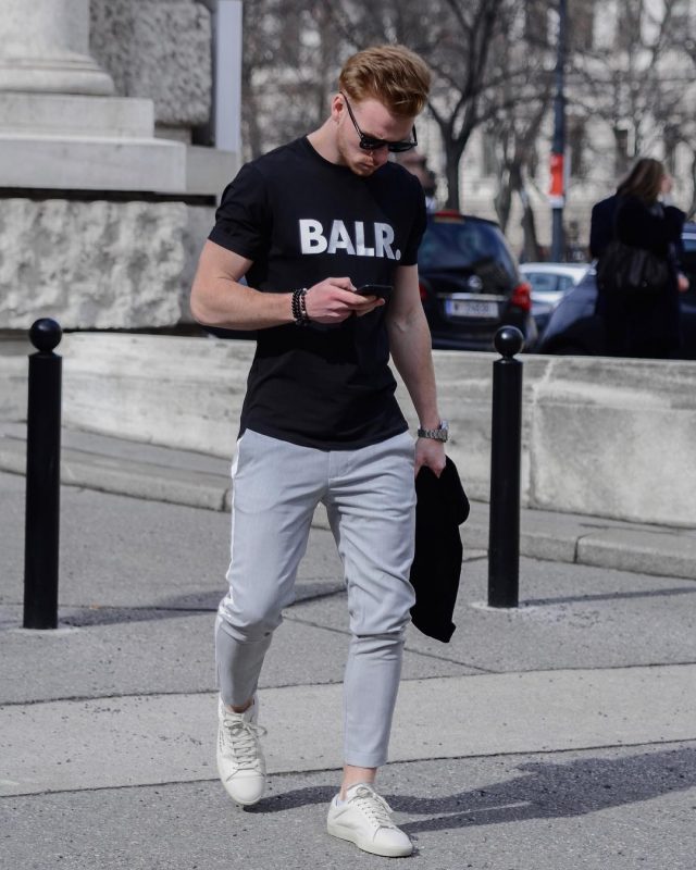 BALR. black tee, gray trousers, white sneaker 1