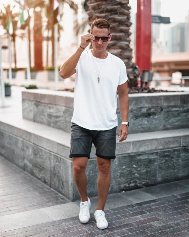 White tee, short pants, white sneaker 1