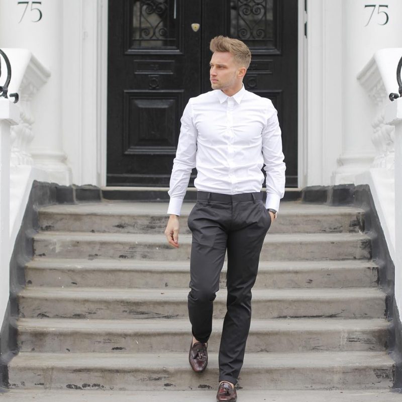 White button up shirt, black dress pants, loafers 1