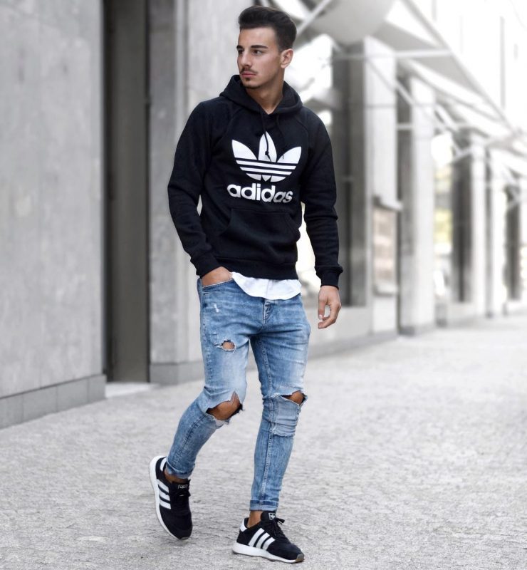 Hooded sweatshirt, white tee, blue ripped jeans, sneaker 1 