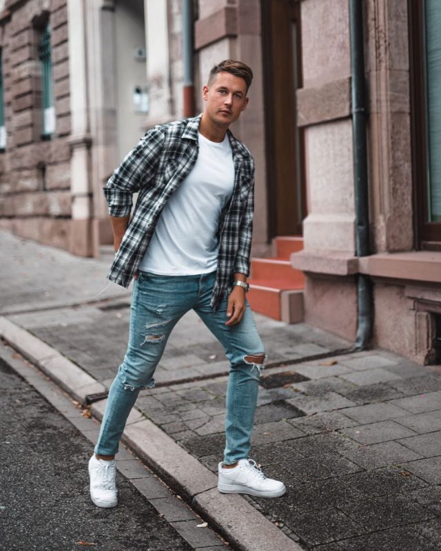 White tee, checked shirt, blue ripped jeans, white sneaker 1