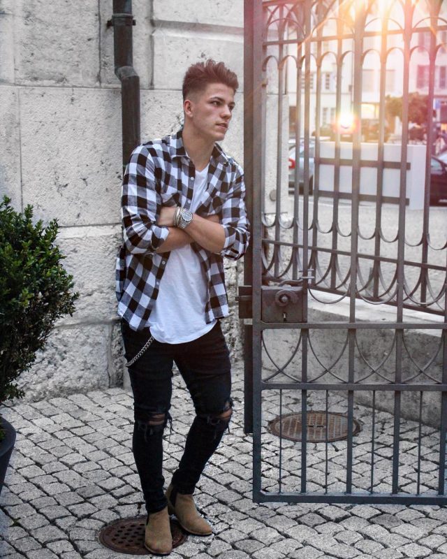 White tee, checked shirt, black ripped jeans, Chelsea boots 1