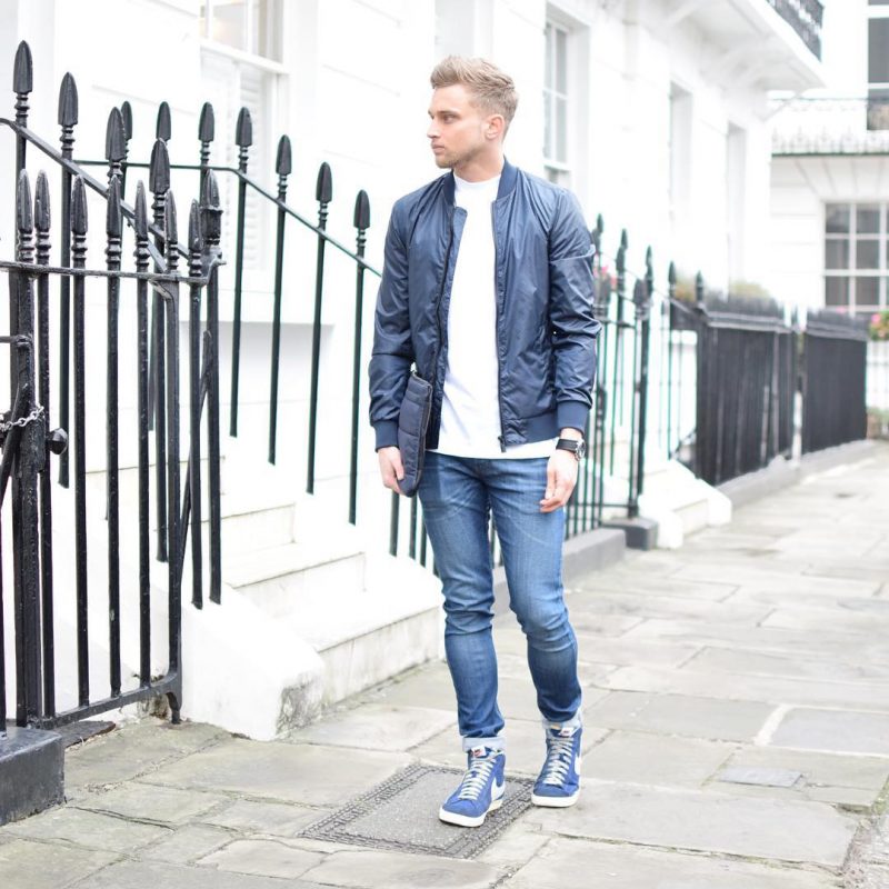 White tee, blue bomber jacket, blue jeans, blue sneaker 1