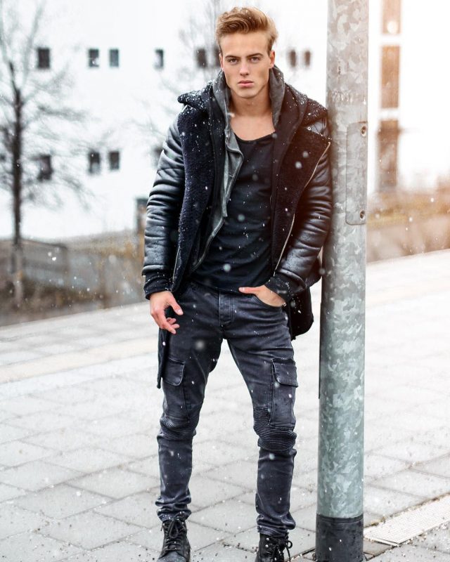 Black singlet, black leather jacket, hoodie jacket, cargo pants, leather boots 1