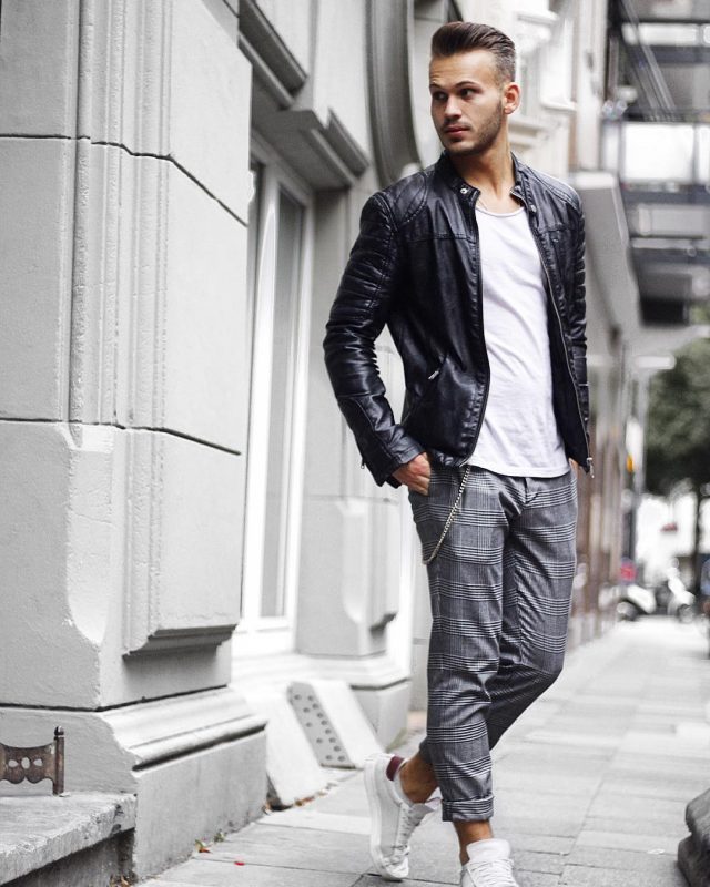 Black leather biker jacket, white tee, checked dress pants, sneaker 1