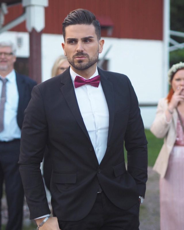 white shirt, black suit, red bow tie 1