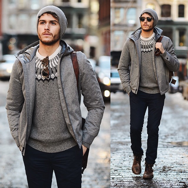 Hooded jacket, sweater, black jeans, brown leather shoes, beanie hat 1