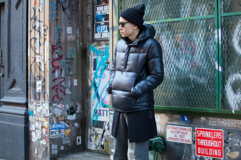 Black puffer jacket, beanie hat, wool pants, overcoat 1 - men's puffer jacket outfit ideas