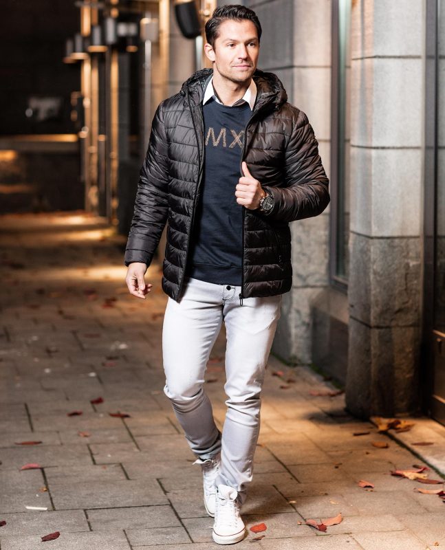 White shirt, black down jacket, print tee, chinos 1