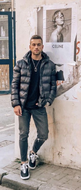 Black down jacket, black tee, jeans, sneaker 1