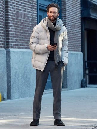 White puffer jacket, black tee, scarf, wool dress pants 1