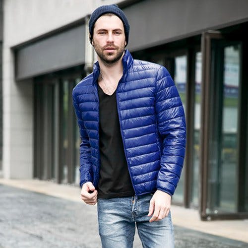 Blue puffer jacket, v-neck black tee, jeans, beanie hat 1