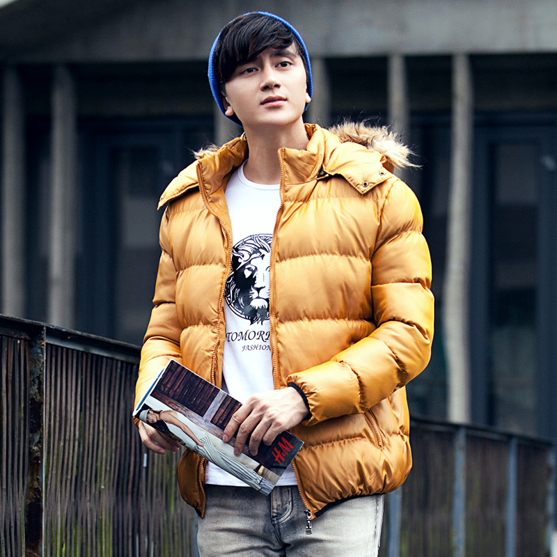 Beanie hat, yellow down jacket, white t shirt, jeans 1