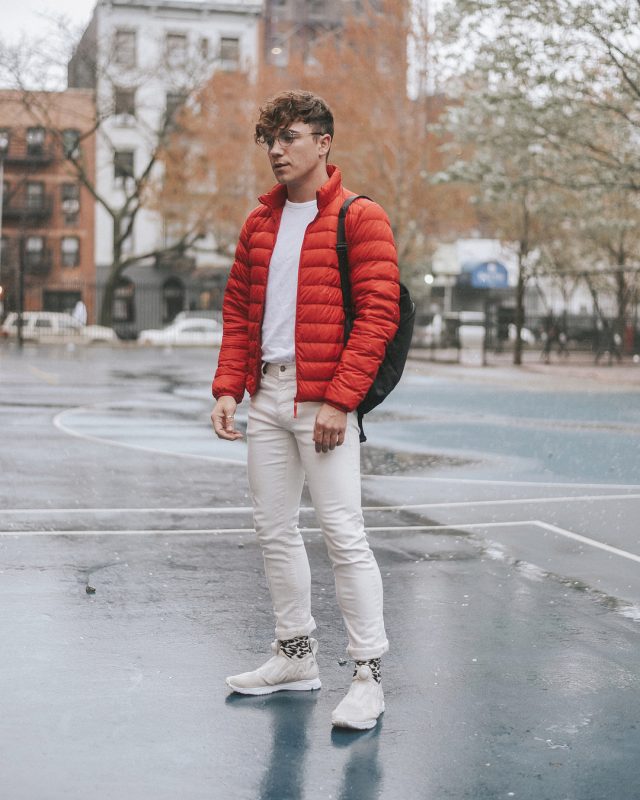 Red puffer jacket, white t shirt, white chinos, sneaker 1