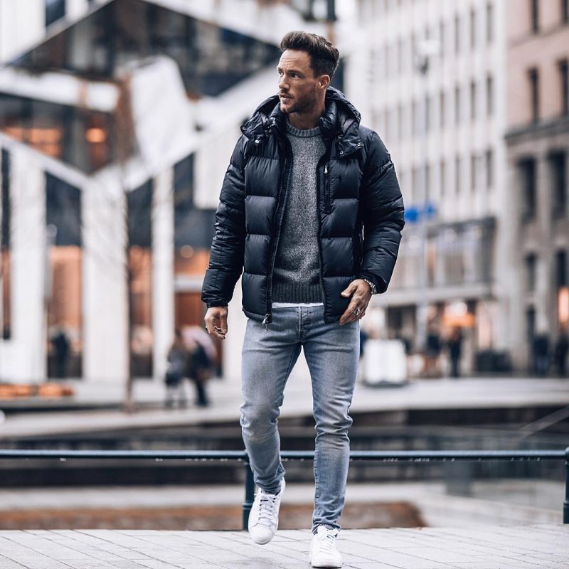 Black down jacket, gray sweater, white t shirt, jeans, white sneaker 1