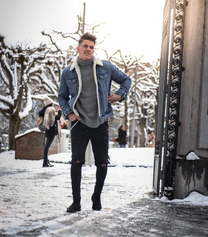 Denim sherpa jacket, sweater, black ripped jeans, boots 1