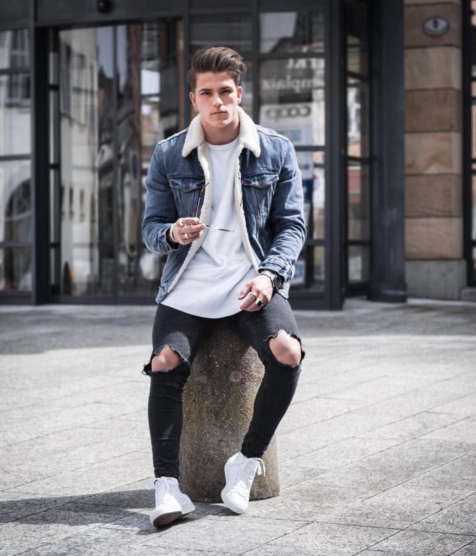 Denim sherpa coat, white t-shirt, black jeans, white sneaker 1