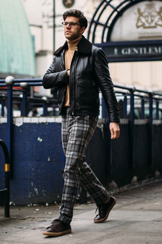 Leather shearling jacket, sweater, checked pants, sneaker 1