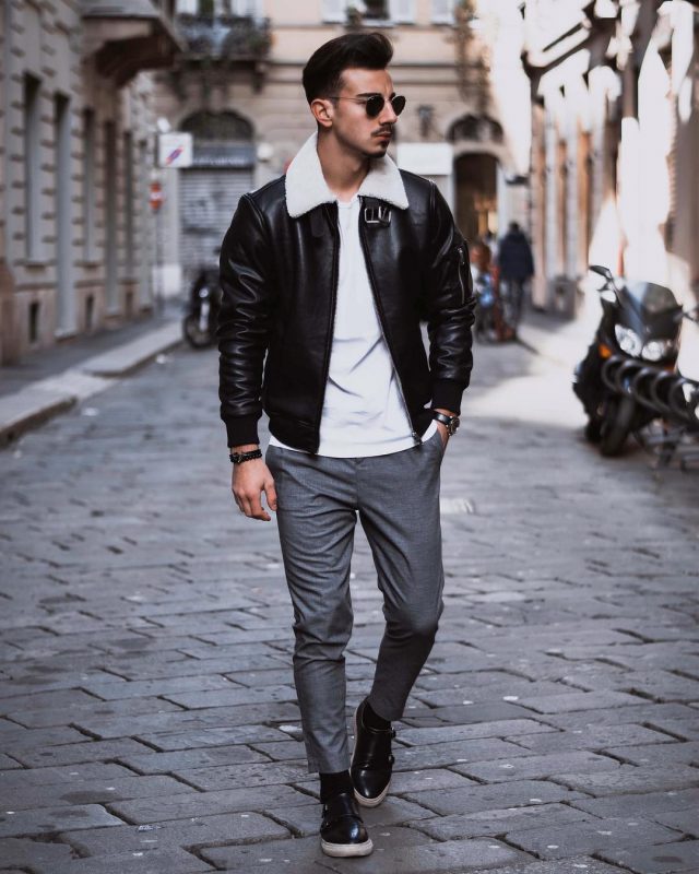 Shearling leather jacket,white t-shirt, wool suit pants, sneaker 1