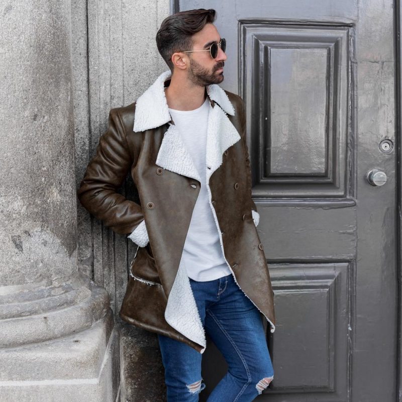 Dark brown sheepskin leather overcoat, white t-shirt, blue jeans 1