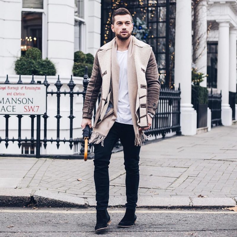 Distressed suede shearling jacket, scarf, white t-shirt, black jeans, Chelsea boots 1