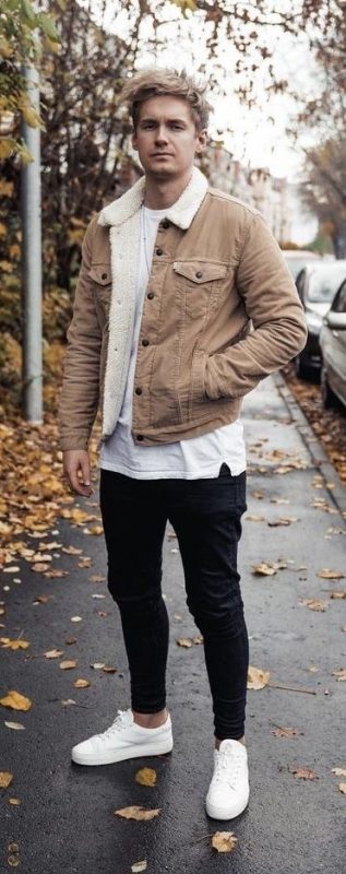 Shearling trucker jacket, white t-shirt, black jeans, white sneaker 1