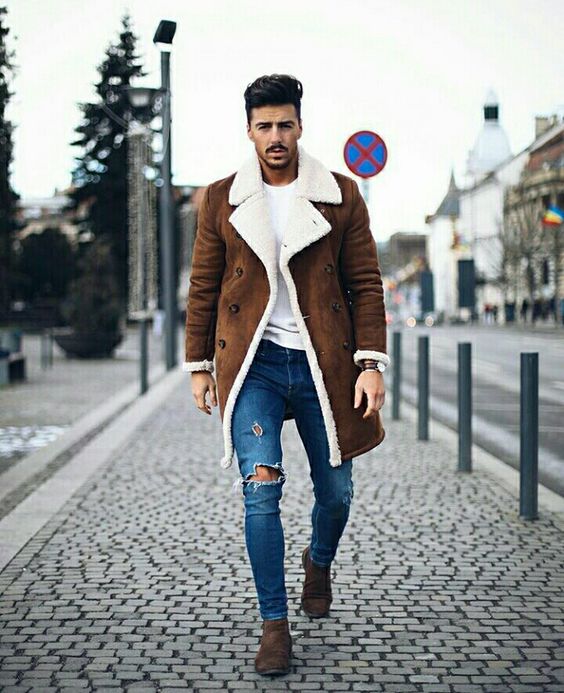 Suede shearling peacoat, white t-shirt, blue jeans, suede Chelsea boots 1