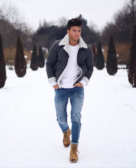 Shearling bomber jacker, white t-shirt, blue jeans, winter boots 1