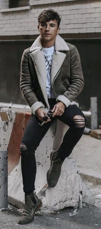 Distressed leather shearling coat, white t-shirt, black jeans, Chelsea boots 1