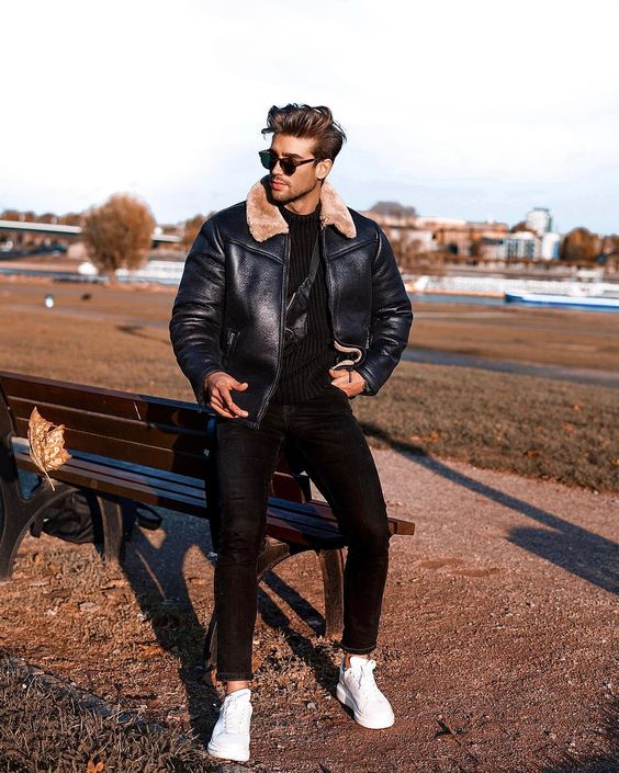 G1 leather bomber jacket, black t-shirt, jeans, white sneaker 1