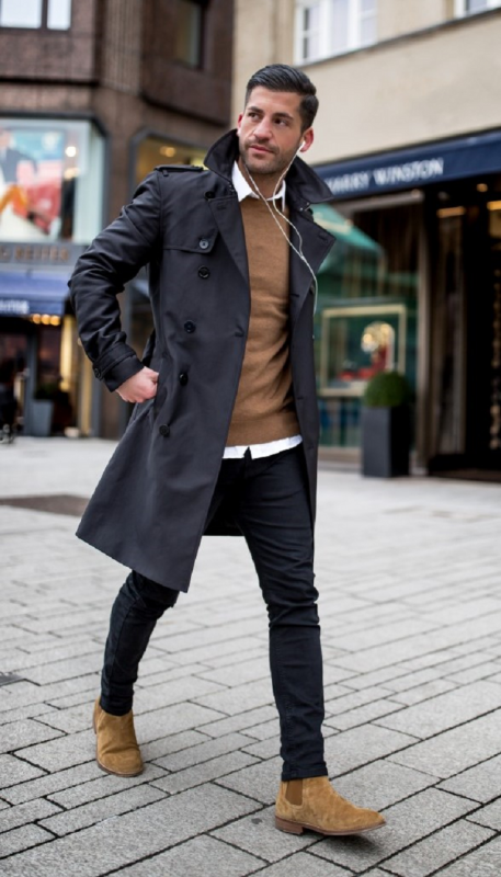 Black trench coat, jeans, brown sweater, white shirt, suede Chelsea boots 1