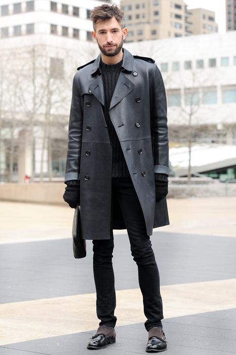 Black leather trench coat, sweater, black jeans, gloves, double monk straps shoes 1