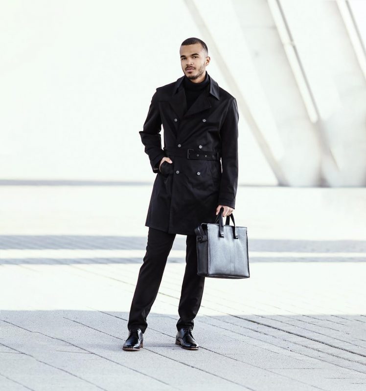 Black trench coat, turtleneck sweater, suit pants, leather shoes 1