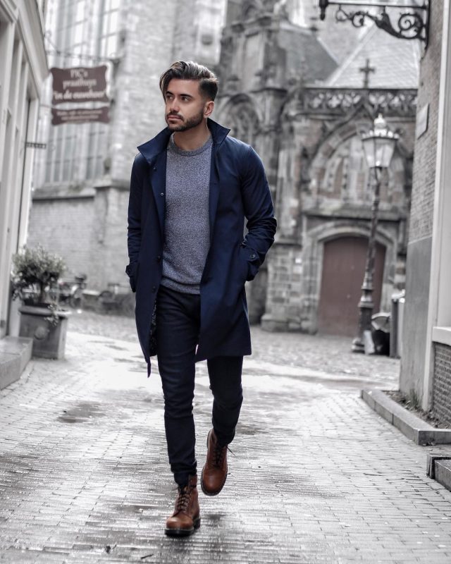 Navy trench coat, grey sweater, blue jeans, brown leather boots 1