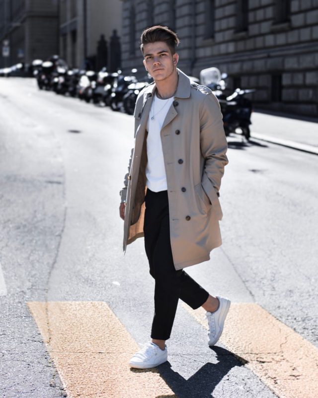 Smoke taupe trench coat, white t-shirt, suit pants, white sneaker 1