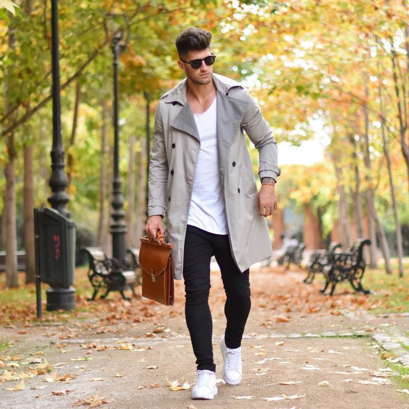 Beige trench coat, white t-shirt, jogger pants, white sneaker 1