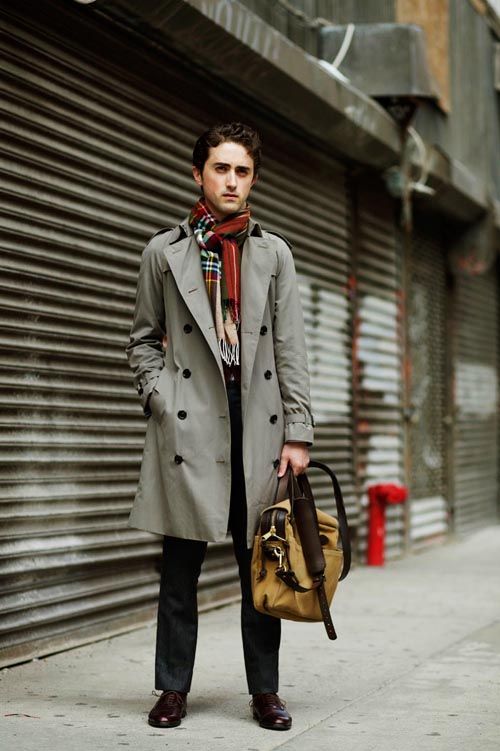 Grey trench coat, print scarf, suit pants, brown leather shoes 1