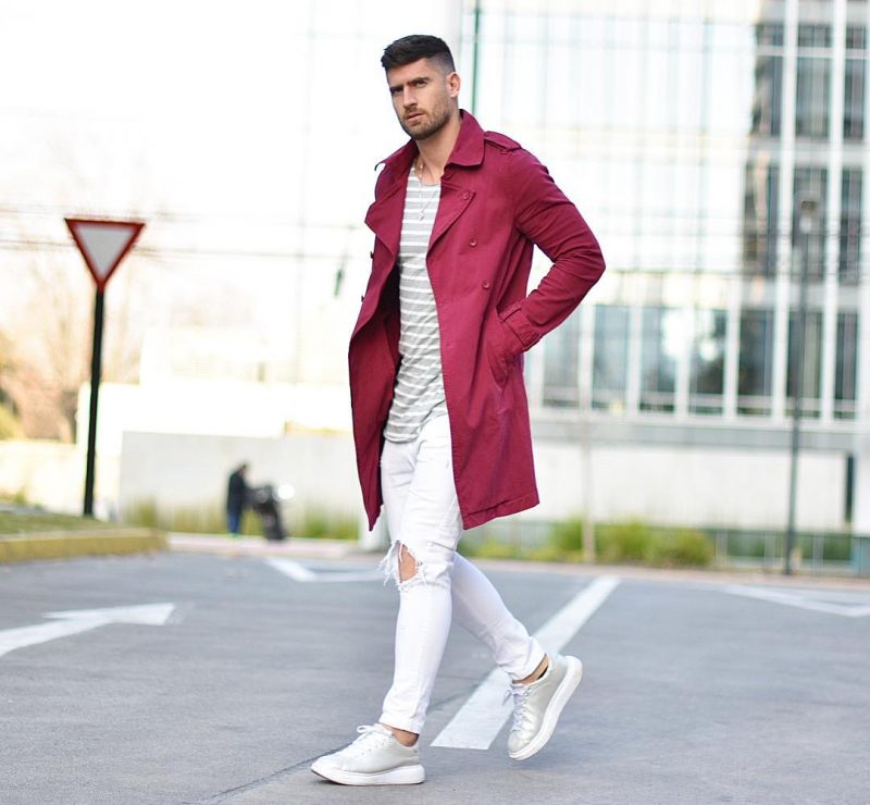 Maroon trench coat, pinstripe t-shirt, white jeans, grey sneaker 1