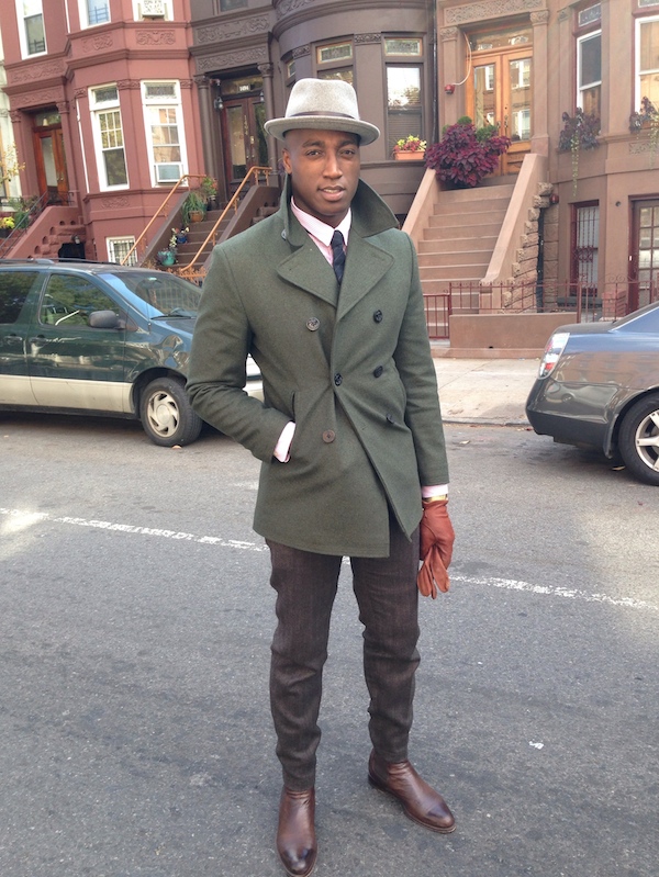 Green peacoat with shirt and tie 1