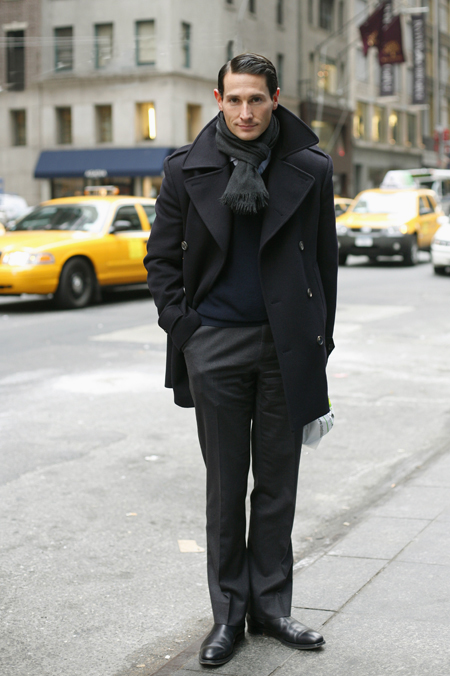 Black peacoat with shirt, sweater, scarf 1