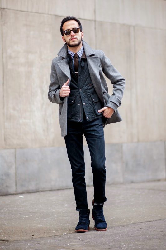 Gray peacoat, checked shirt, tie, jeans 1