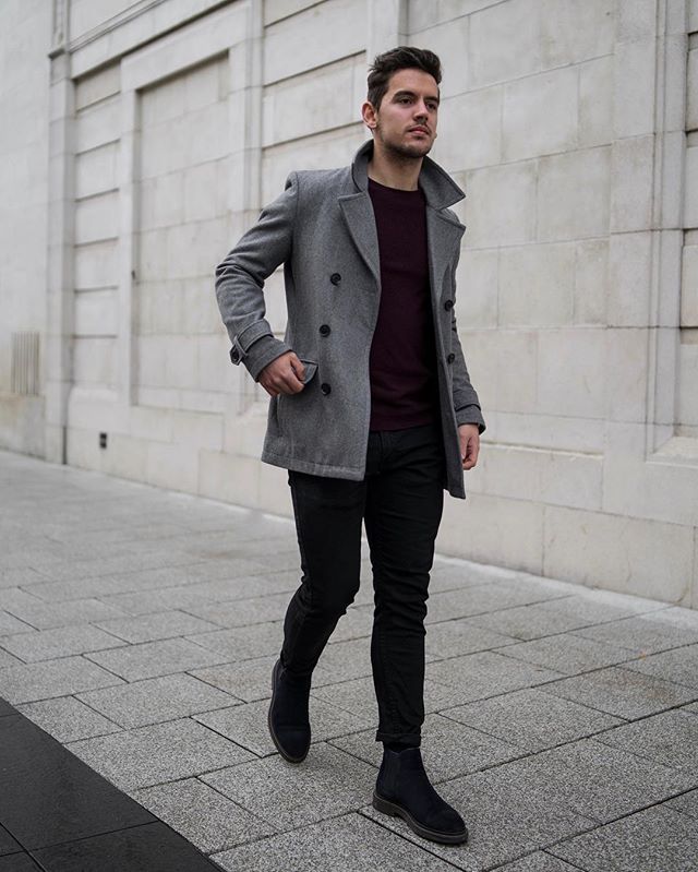 Gray peacoat, black t-shirt, black jeans 1