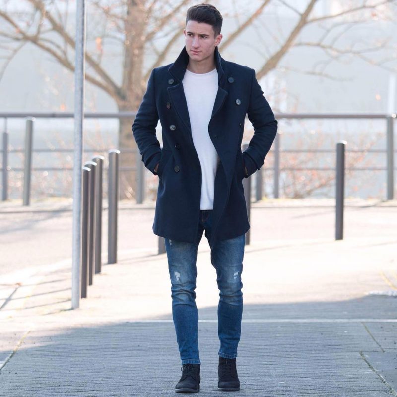 Navy peacoat, white t-shirt, blue jeans 1