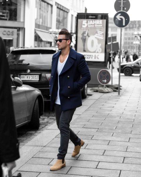 Navy peacoat, white singlet, gray jeans, suede Chelsea boots 1