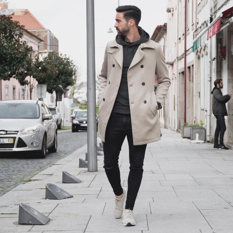 Beige peacoat, hooded jacket, black jeans, sneaker 1