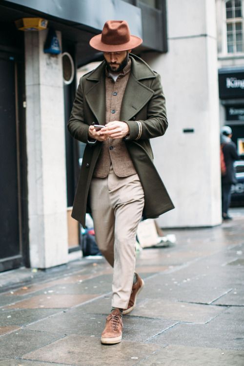 Green peacoat, khaki pants, brow fedora hat 1