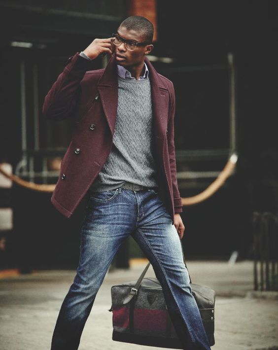 Buegundy peacoat, grey sweater, blue jeans 1