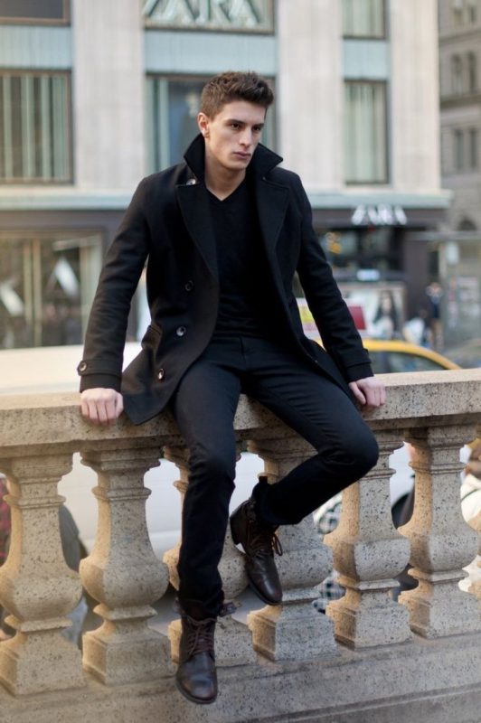 Black peacoat, black t-shirt, suit pants, leather dress shoes 1